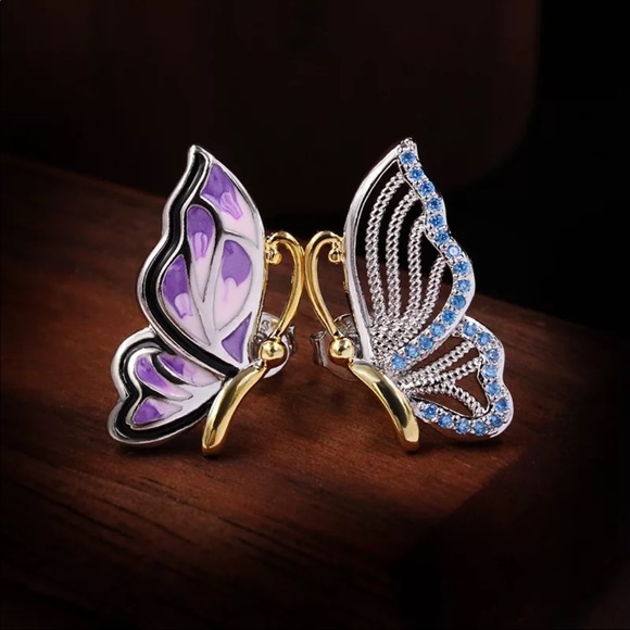 Asymmetric Sterling Silver Butterfly Earrings - Picture 2 of 4